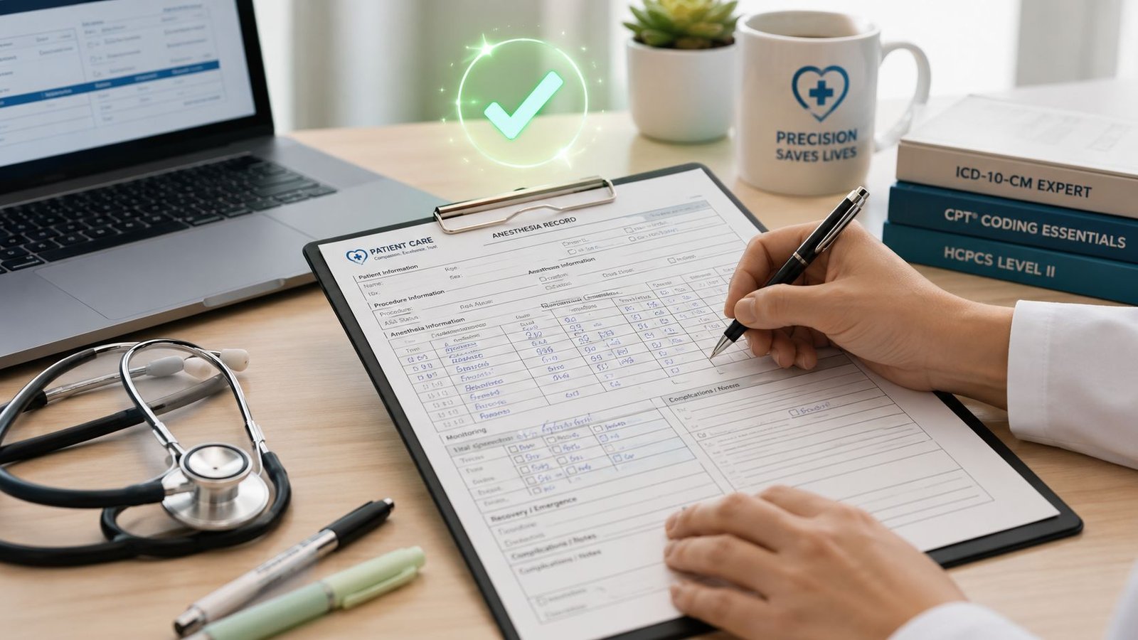 A healthcare professional filling out an anesthesia record form on a clipboard at a desk.