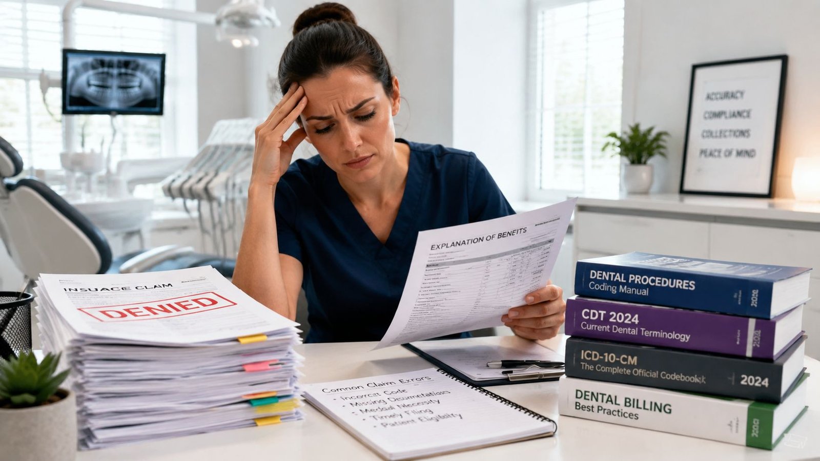 Stressed dental office employee reviewing denied insurance claims with medical billing manuals on a desk.