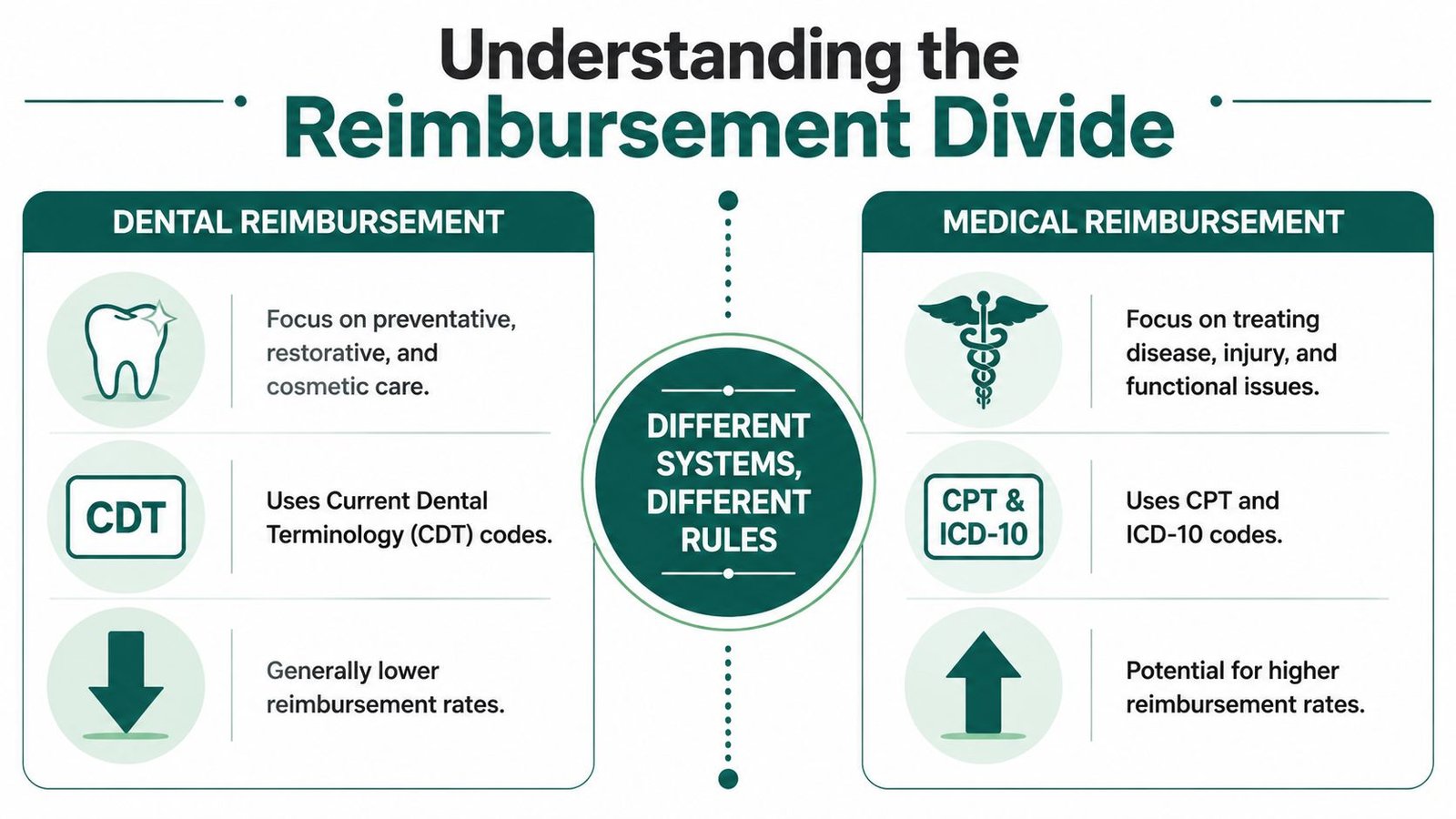 An infographic showing the reimbursement differences between dental and medical billing systems for healthcare providers.