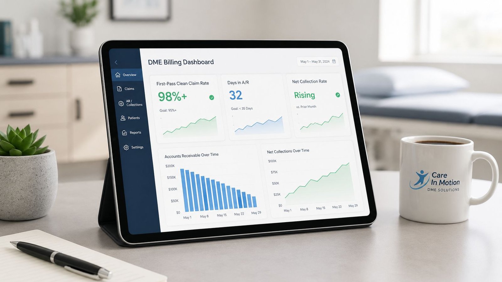 A digital tablet displaying a DME billing dashboard on a desk next to a coffee mug and notebook.