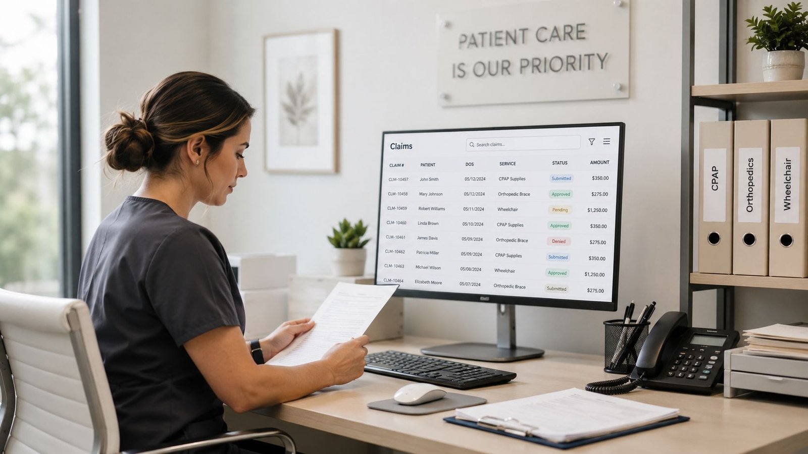 A healthcare professional reviewing patient claims on a computer in a modern medical office setting.