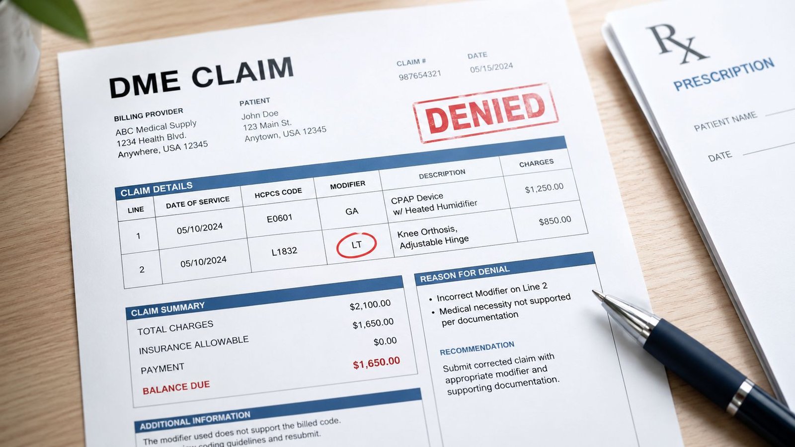 A denied medical claim form for durable medical equipment resting on a wooden desk with a pen.