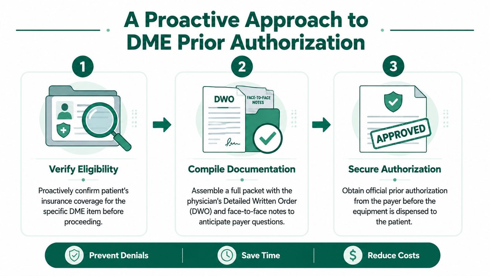 A diagram illustrating the three steps of proactive DME prior authorization including verification, documentation, and securing approval.