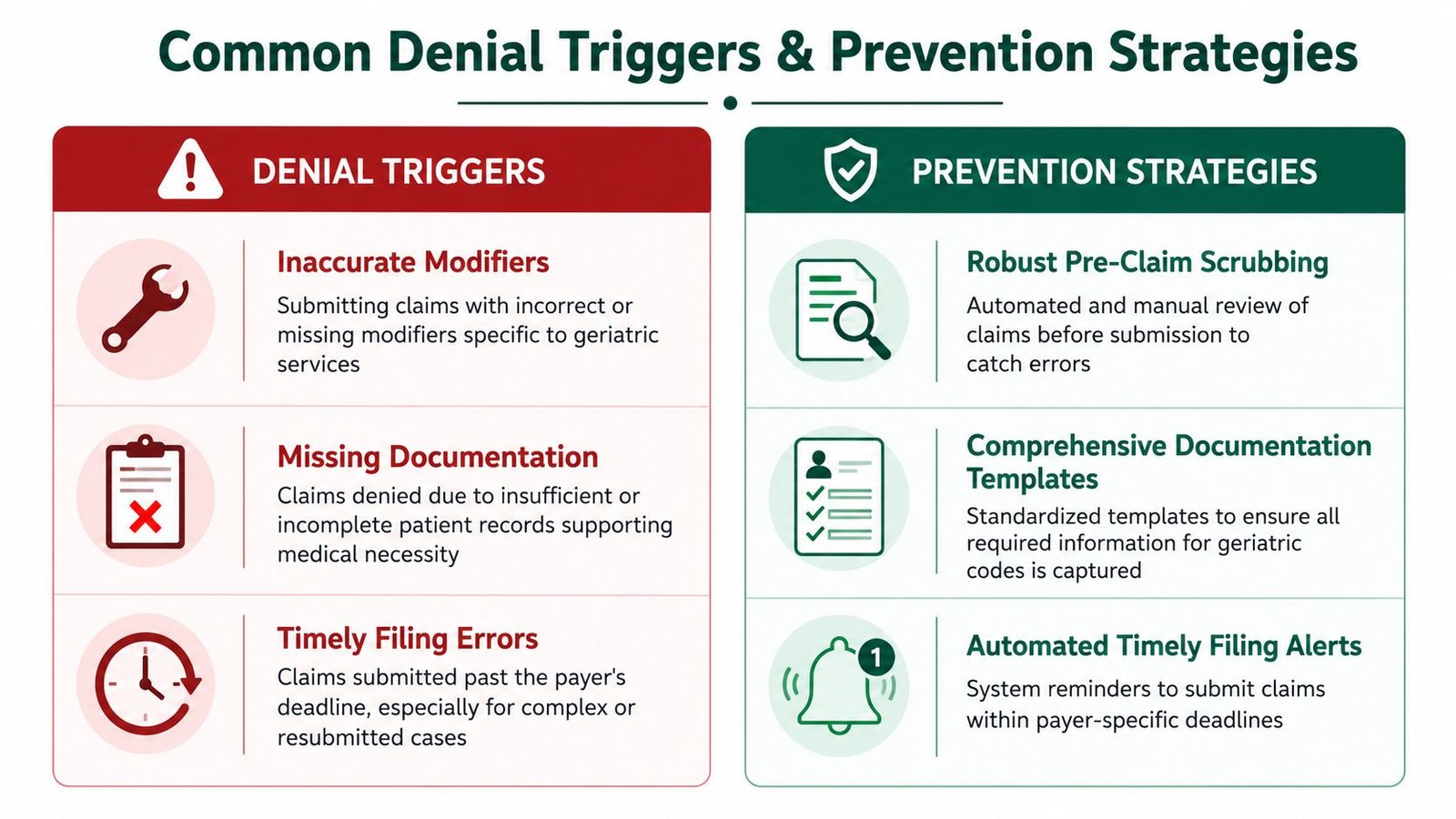 A table outlining common medical claim denial triggers and effective prevention strategies for geriatric healthcare services.