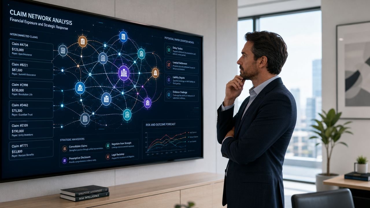A professional man observing a complex digital data dashboard showcasing financial claim networks and risk management strategy.