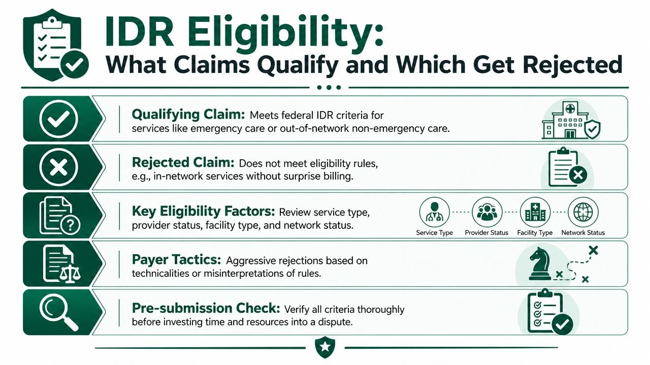 An infographic titled IDR Eligibility explaining qualifying and rejected healthcare claims under the No Surprises Act.