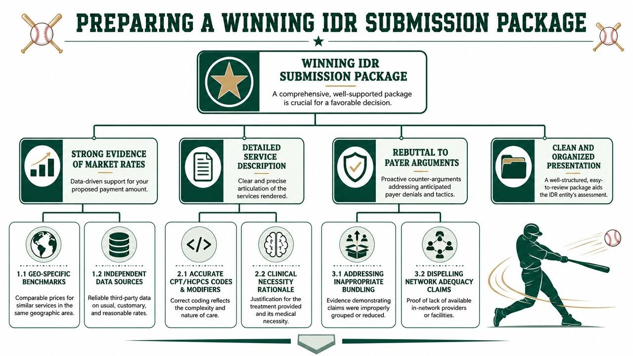 A flowchart outlining the essential components required for creating a winning IDR submission package for healthcare billing.