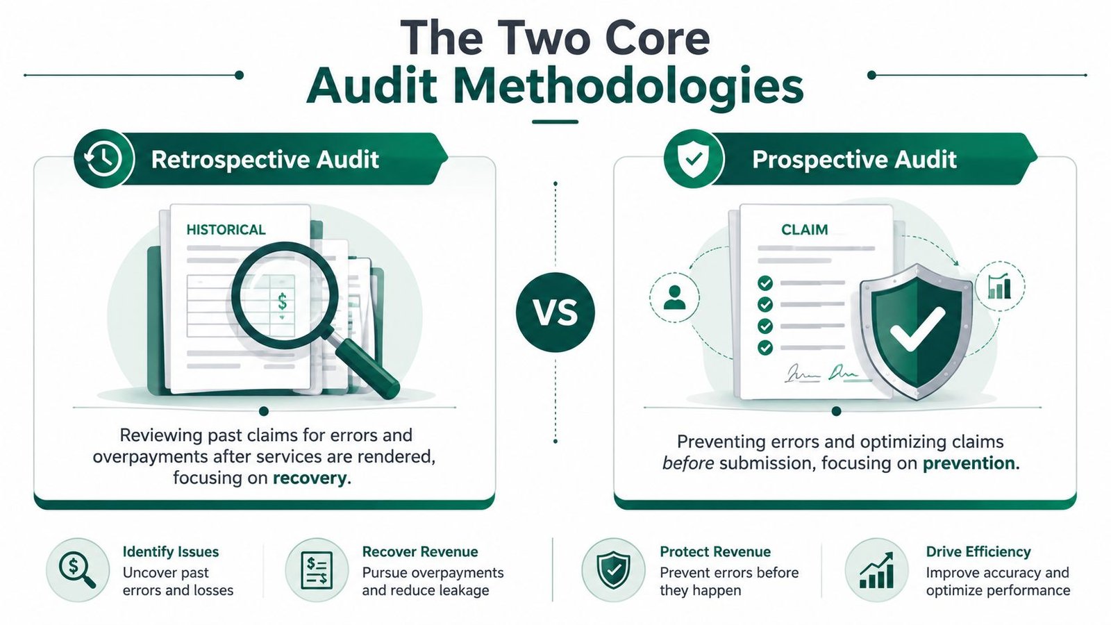 An infographic comparing retrospective and prospective medical audit methodologies for recovering and protecting healthcare revenue.