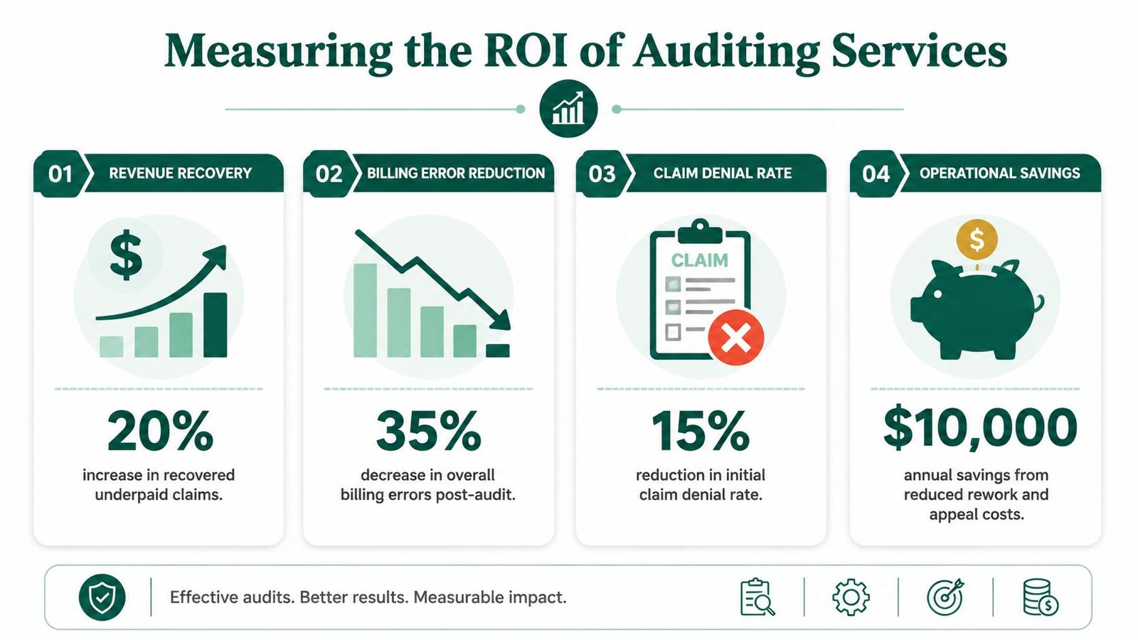 An infographic illustrating four key metrics used for measuring the return on investment of medical auditing services.