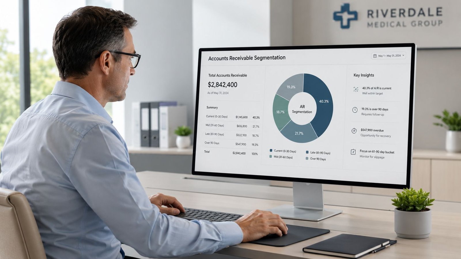 A professional analyzing accounts receivable segmentation data on a large monitor in a modern medical office setting.