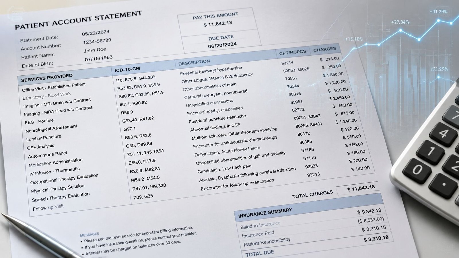 A printed medical account statement with itemized charges, a calculator, and a pen on a desk.