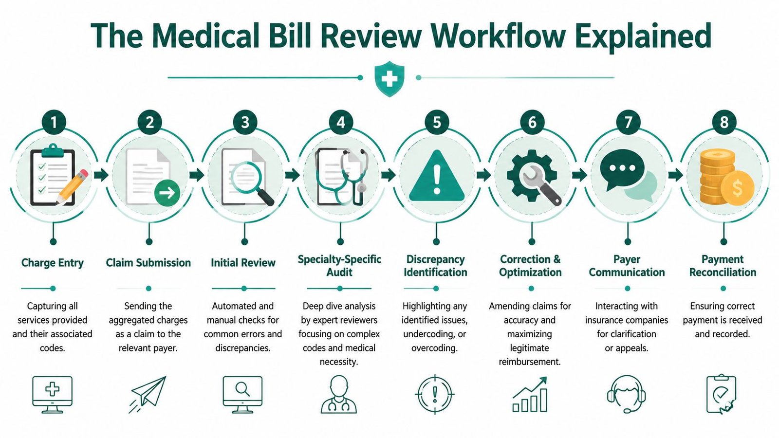 A professional infographic illustrating the eight steps of the medical bill review workflow process from start to finish.