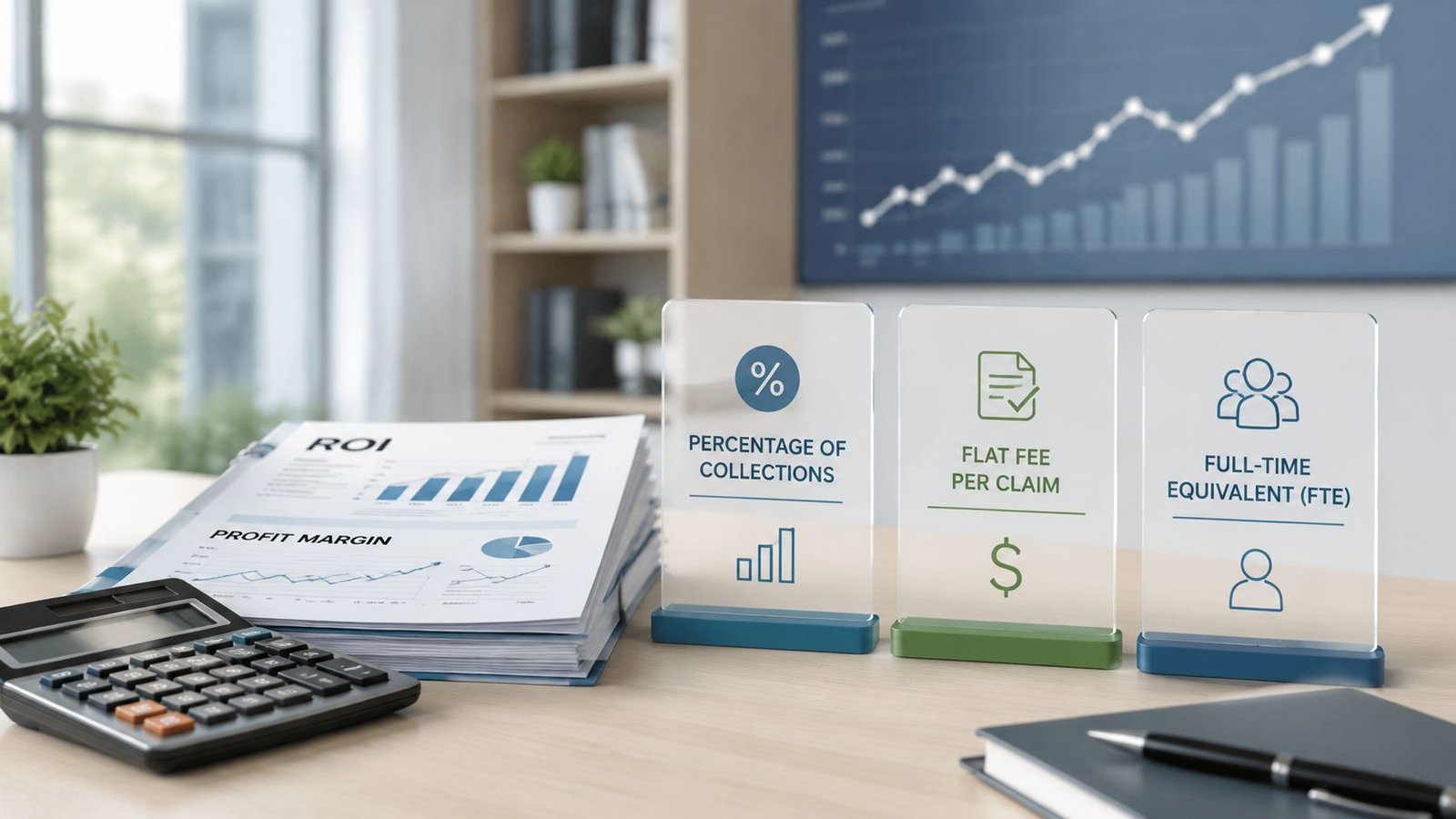 Professional desk showing medical billing service models including percentage, flat fee, and full-time equivalent staffing options.