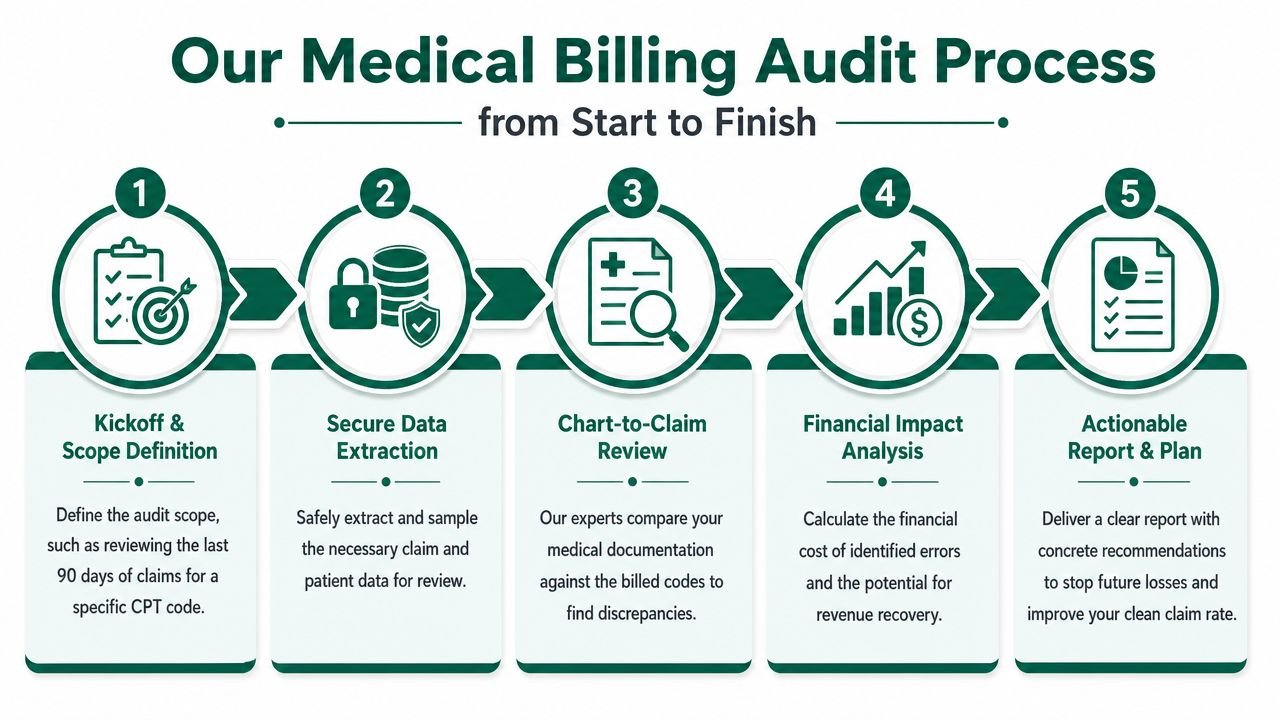 A flowchart showing the five steps of a medical billing audit process from kickoff to actionable reporting.