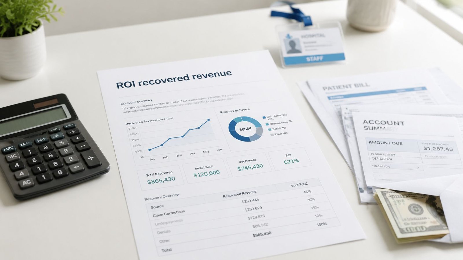 A financial report on medical billing recovery with a calculator, a hospital ID badge, and cash on a desk.