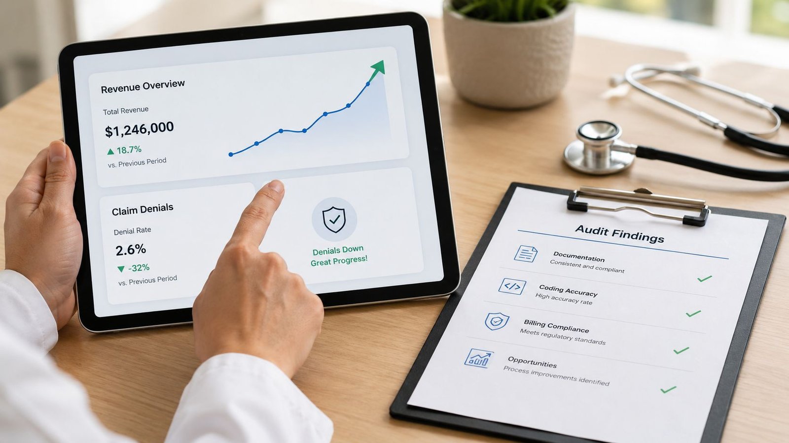 A healthcare professional analyzing digital revenue and claim denial data on a tablet next to an audit report.