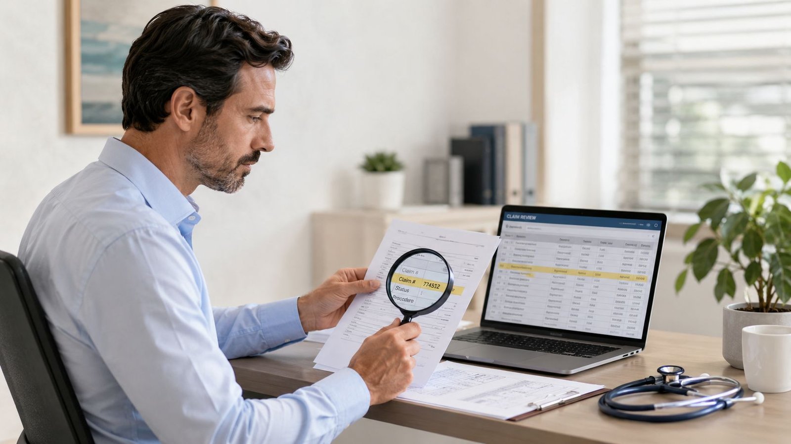 A professional man carefully reviewing medical documents with a magnifying glass while working on a laptop computer.