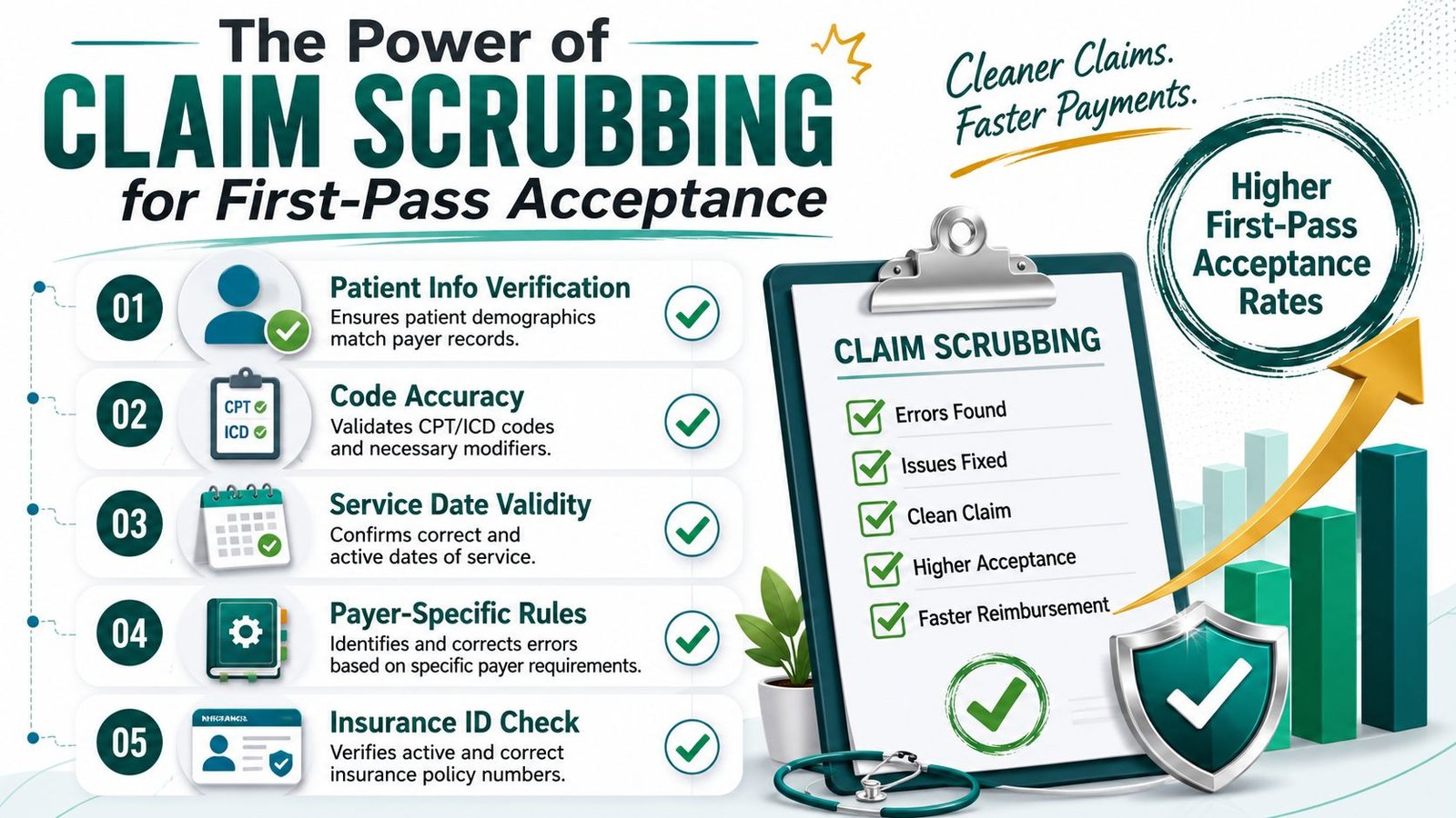 A professional infographic illustrating the five steps of medical claim scrubbing for faster healthcare reimbursement.