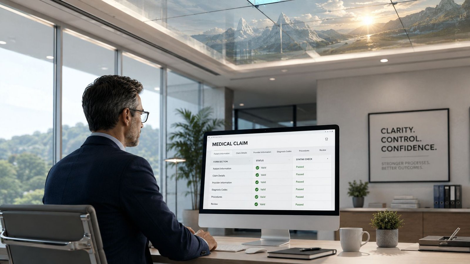 A professional man reviewing medical claim status and data validation on a computer in a modern office.