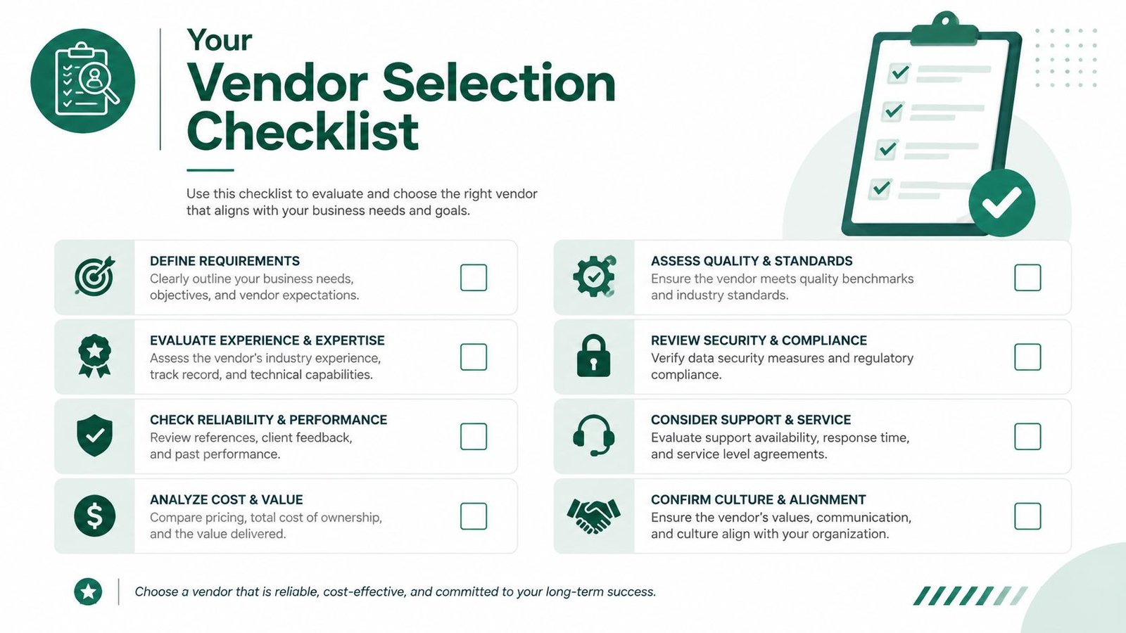 A professional infographic titled Your Vendor Selection Checklist outlining key steps for evaluating business vendors effectively.