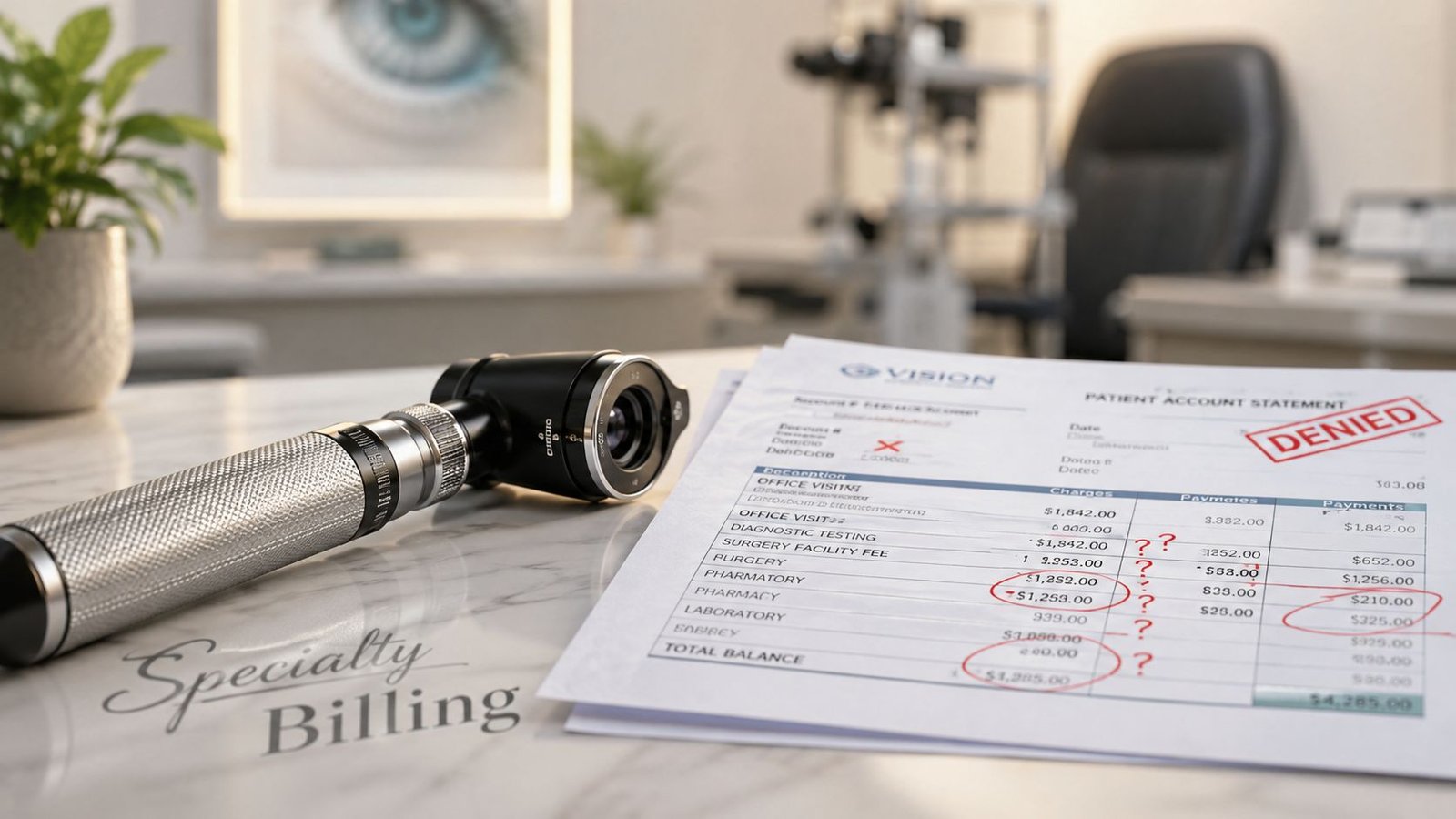 A close-up of a medical billing statement on a desk next to an ophthalmoscope in an eye clinic.