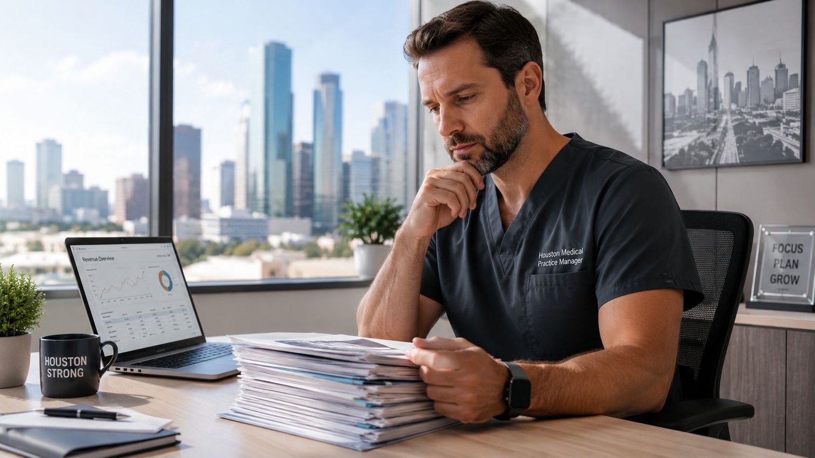 A professional medical practice manager working at a desk with paperwork and a laptop in Houston.