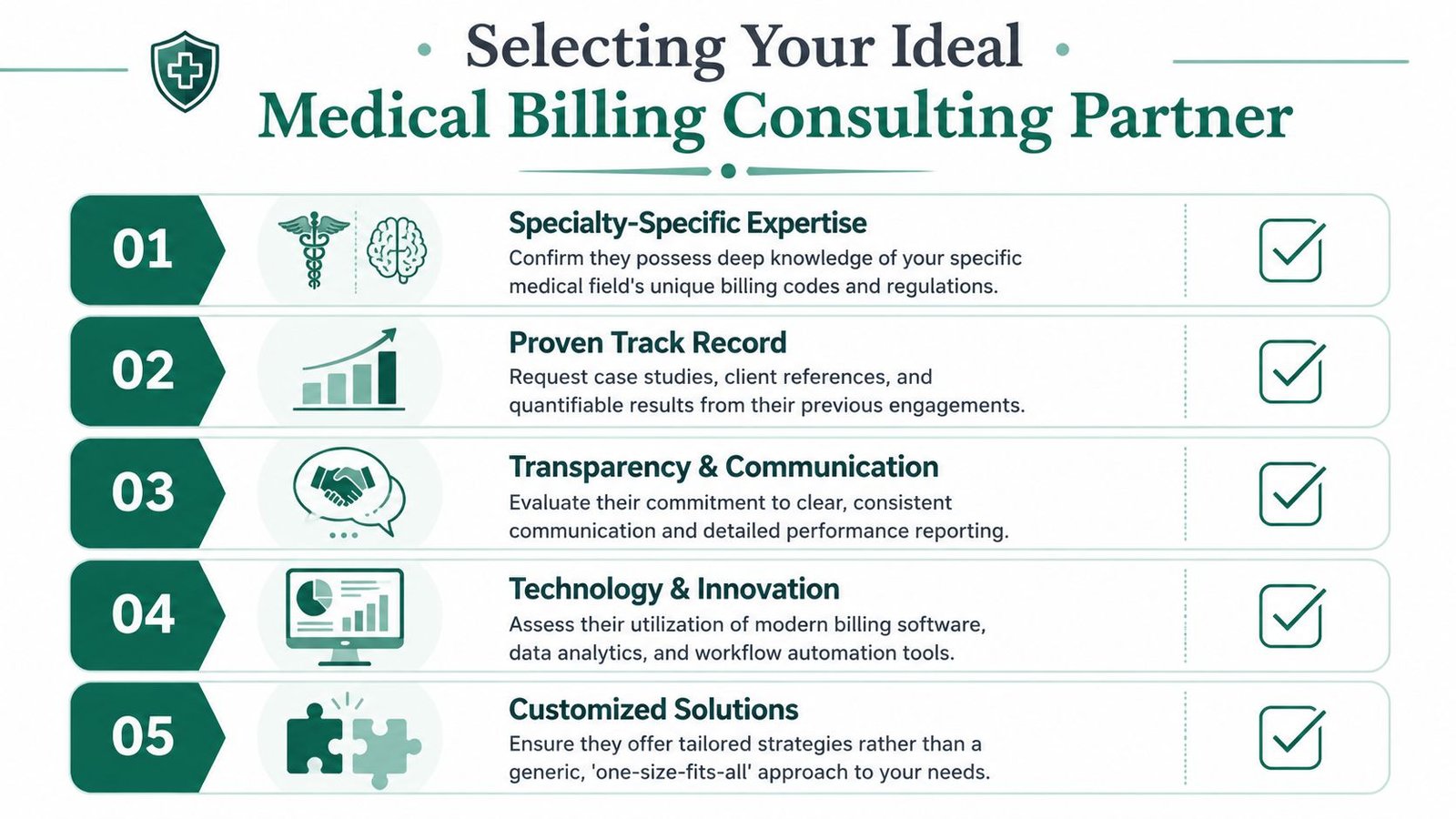 An infographic titled Selecting Your Ideal Medical Billing Consulting Partner outlining five key criteria for selection.