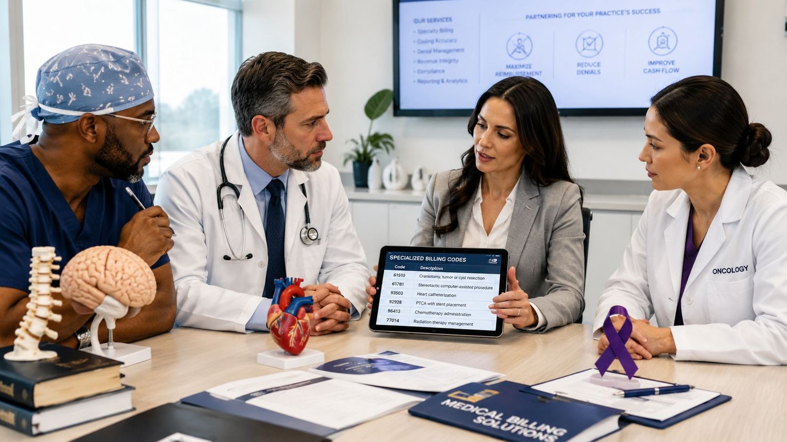 A professional team of healthcare specialists and a consultant reviewing billing codes on a digital tablet.