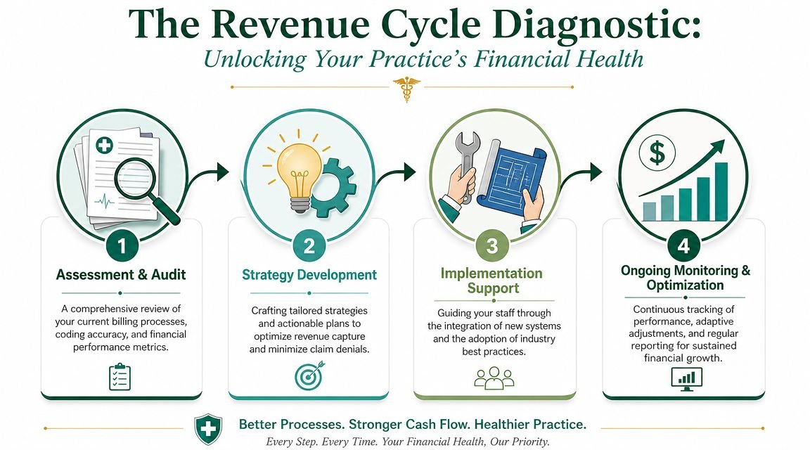 A four-step infographic illustrating a diagnostic process for optimizing medical billing and practice financial health.