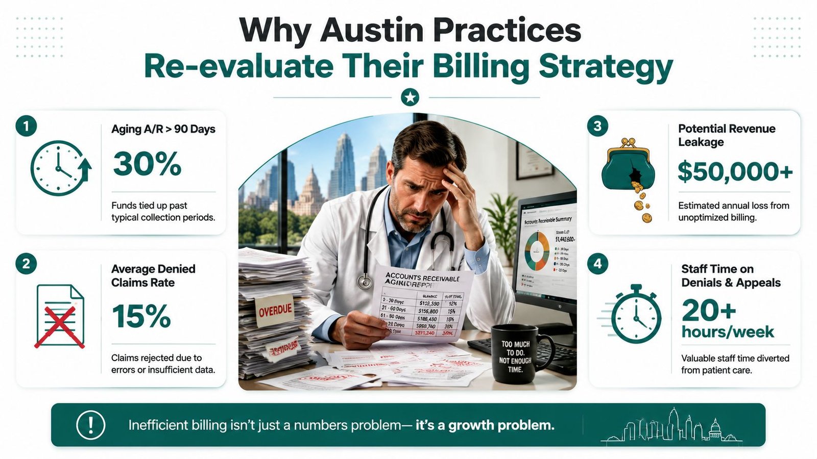 Stressed doctor reviewing accounts receivable reports due to inefficient medical billing practices and revenue loss in Austin.