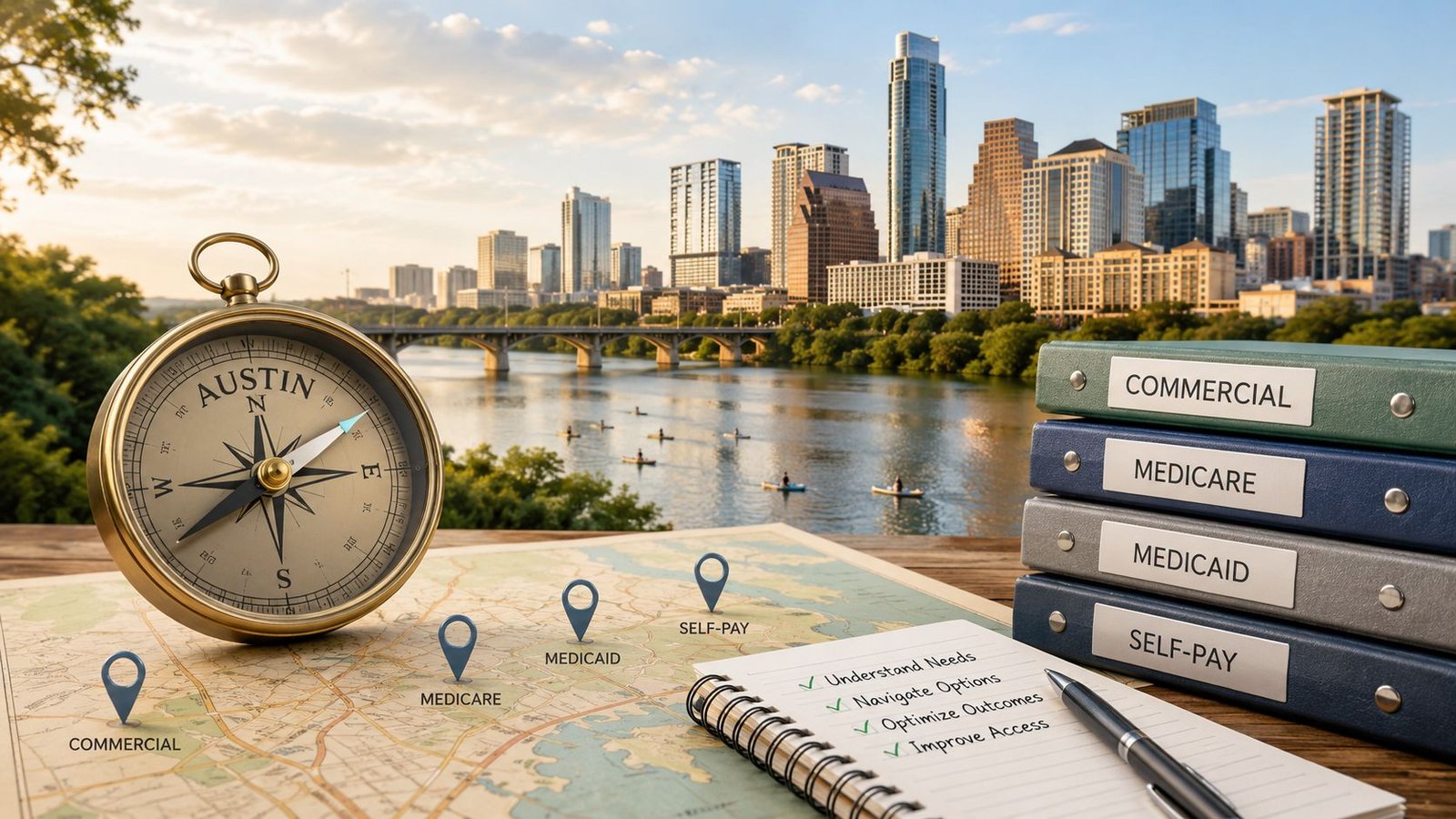A golden compass and a stack of medical billing binders overlooking the Austin city skyline.
