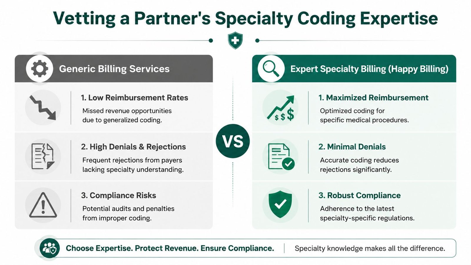 A comparison chart showing benefits of expert medical specialty billing services over generic billing service providers.