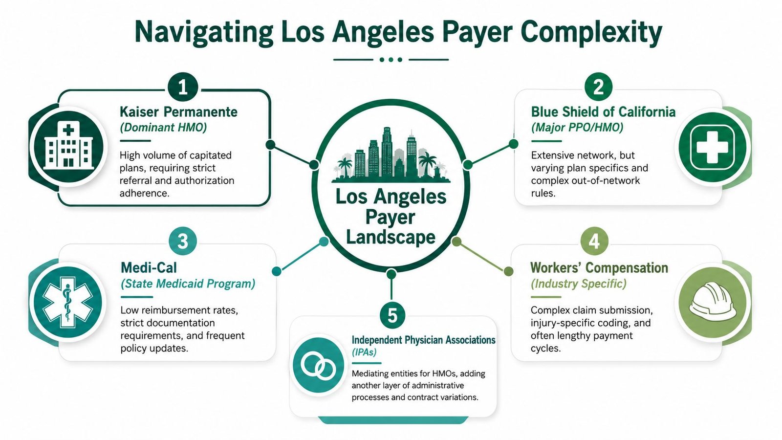 A diagram illustrating the complex medical payer landscape and various health insurance systems in Los Angeles, California.