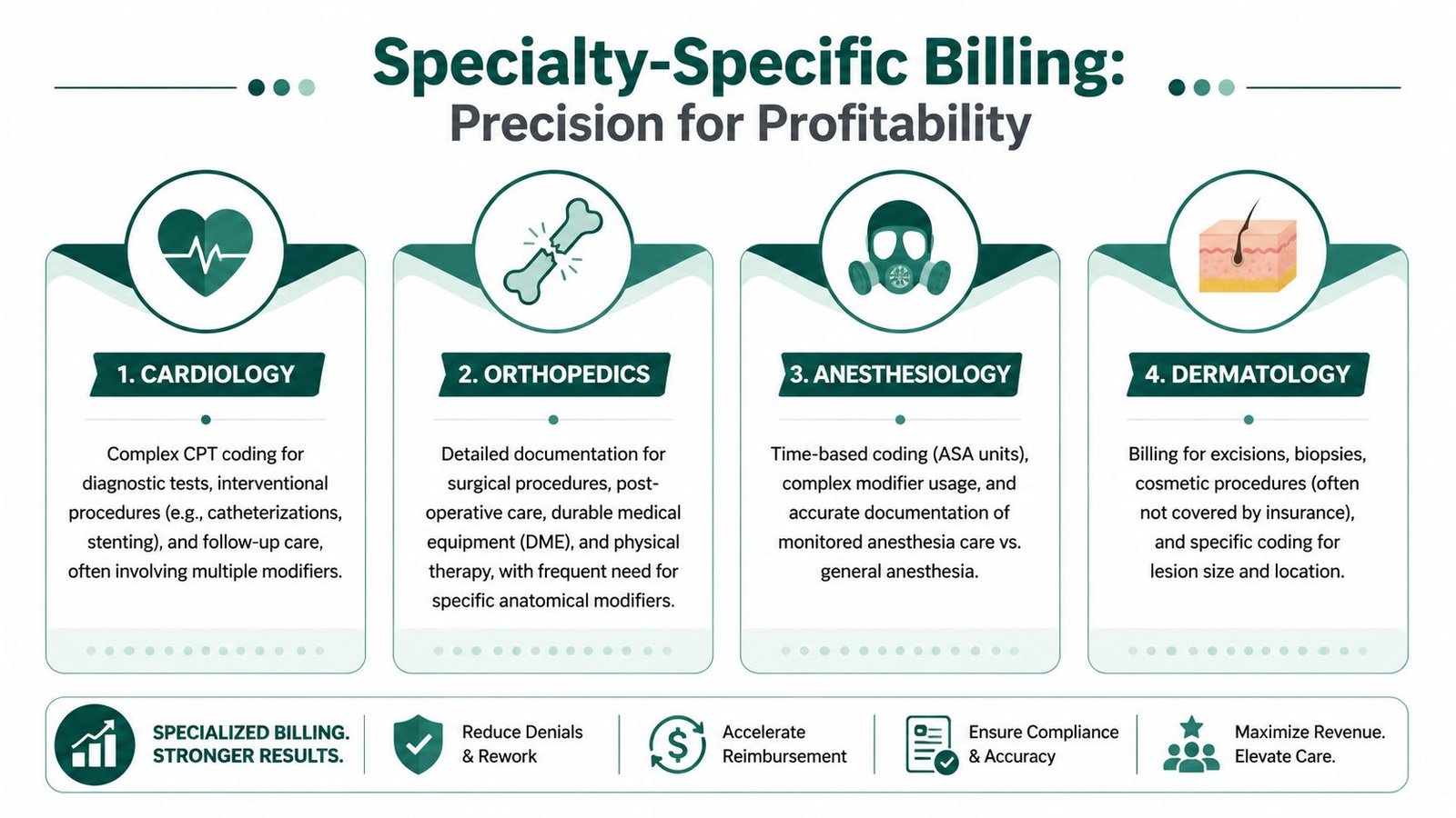 An infographic detailing specialty-specific medical billing practices for cardiology, orthopedics, anesthesiology, and dermatology departments.