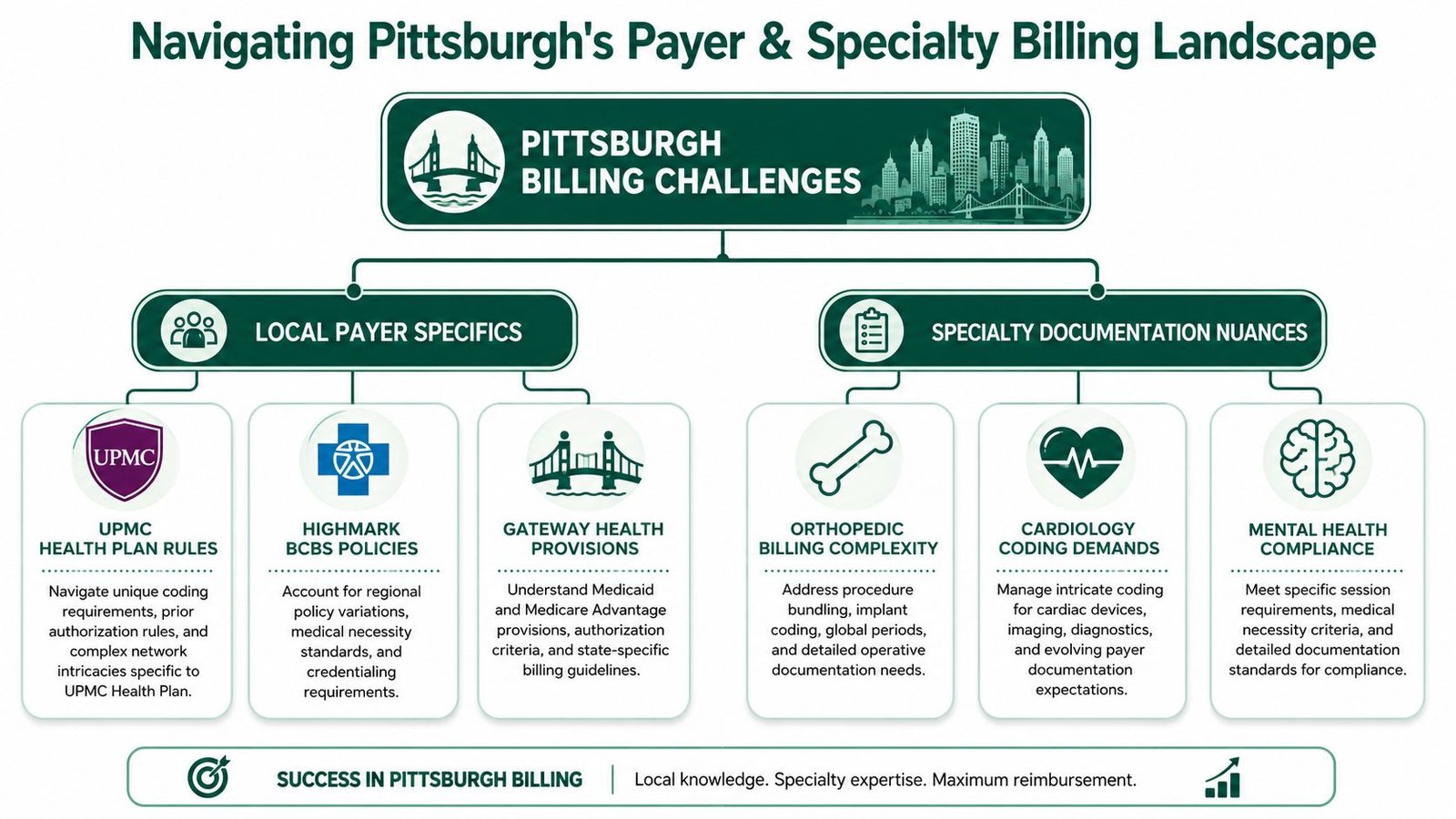 A diagram outlining Pittsburgh medical billing challenges including local payer rules and specialty documentation nuances for providers.