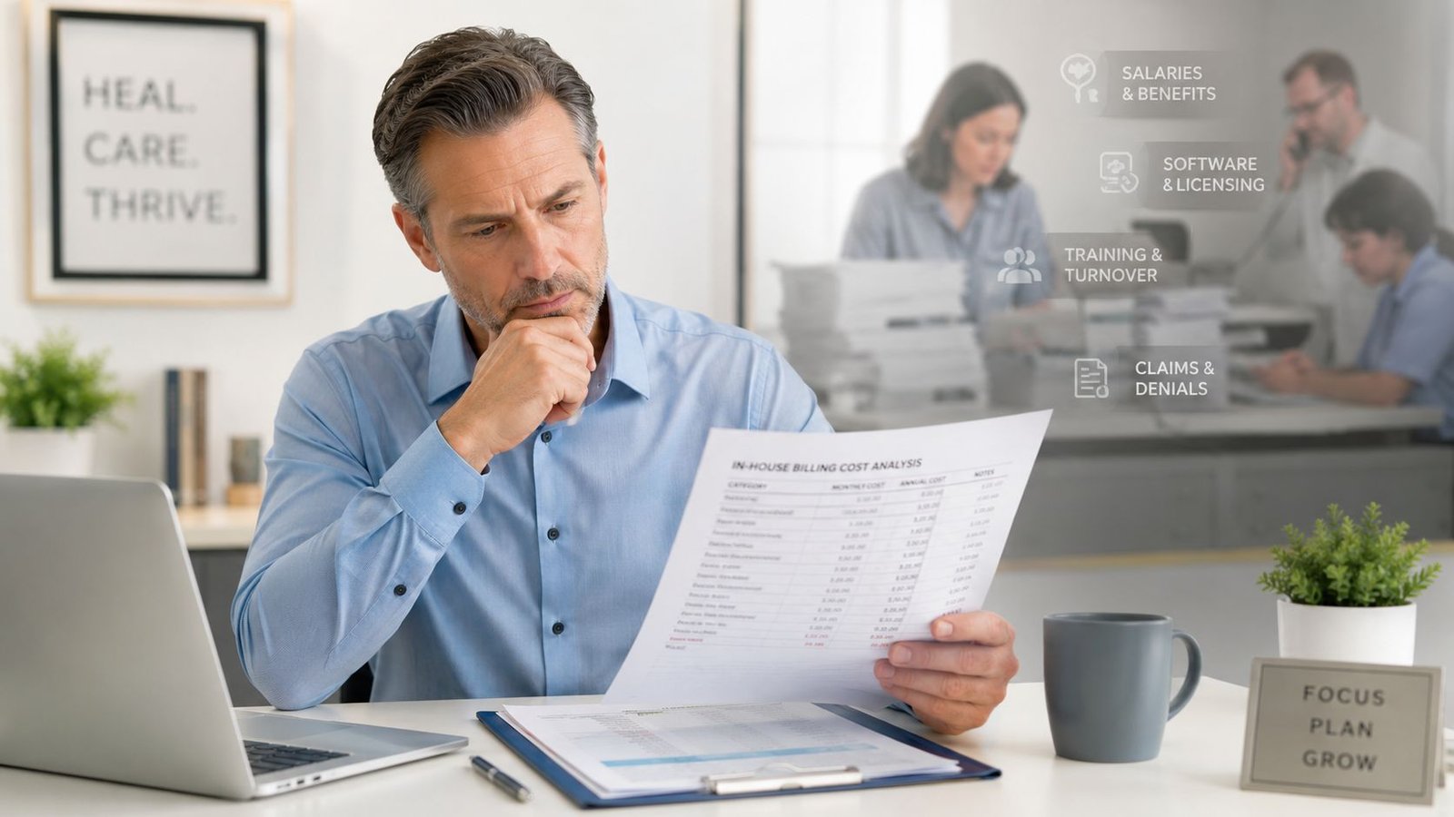 A professional man reviewing a financial cost analysis document for medical billing services in an office setting.