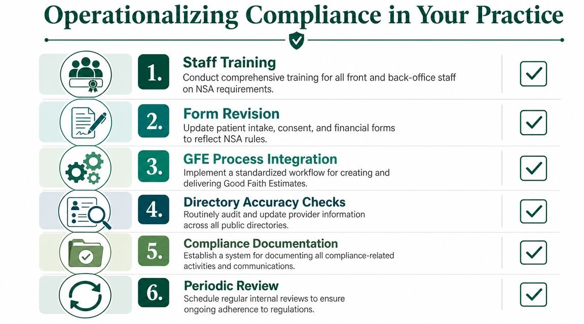 A six-step checklist titled Operationalizing Compliance in Your Practice, detailing essential steps for No Surprises Act compliance.