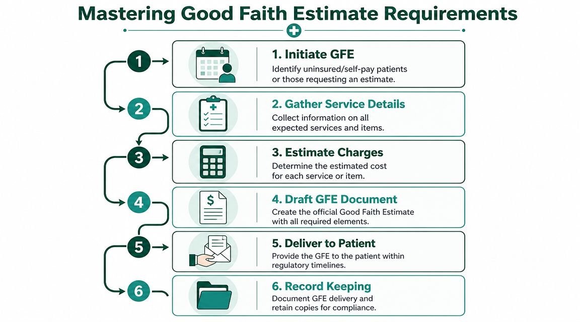 A six-step infographic detailing the process for creating and delivering medical good faith estimates.