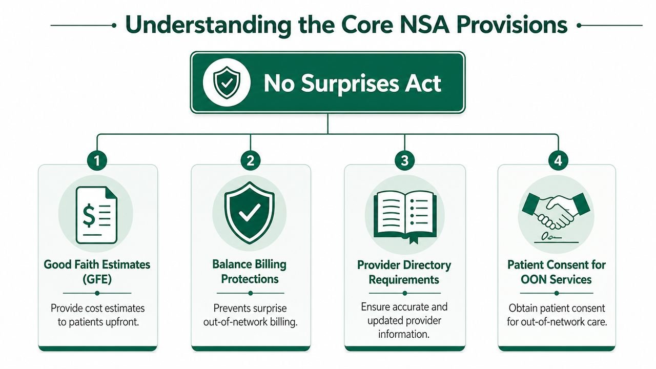 A diagram outlining the four core provisions of the No Surprises Act for medical healthcare compliance.