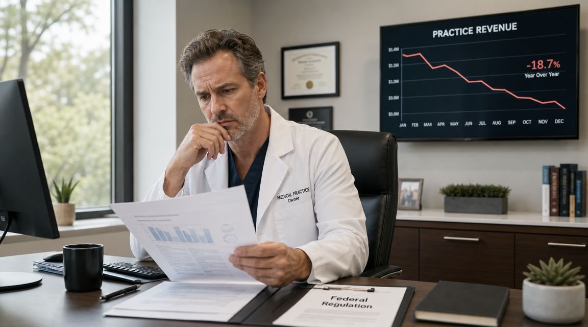 A concerned physician owner reviews financial documents while looking at a declining revenue chart in his office.