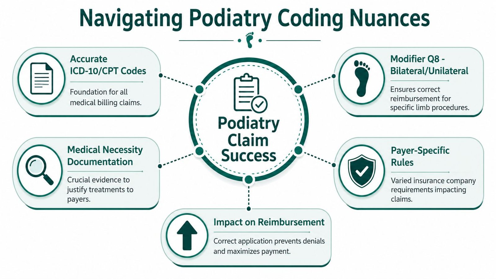 A diagram illustrating essential tips for successful podiatry medical billing and accurate coding to maximize reimbursements.