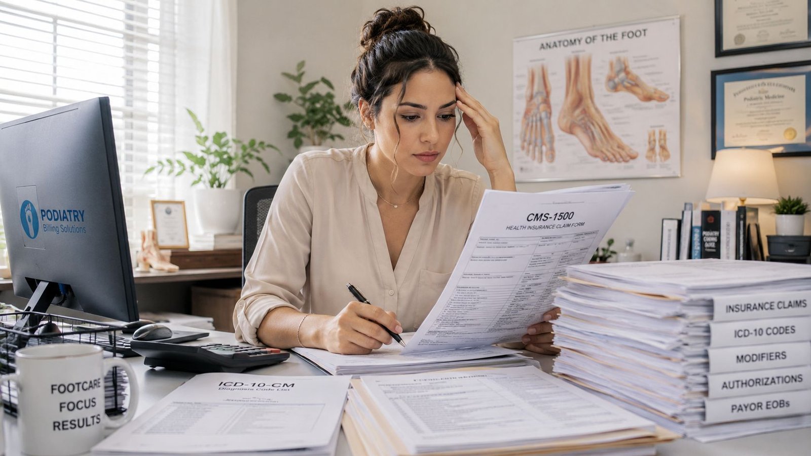 A professional medical billing specialist reviewing insurance claim forms at an organized podiatry clinic office desk.