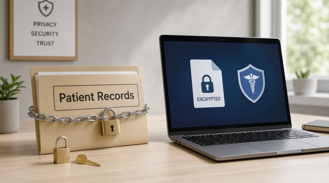 A folder labeled Patient Records secured with a physical chain and padlock next to an encrypted laptop.