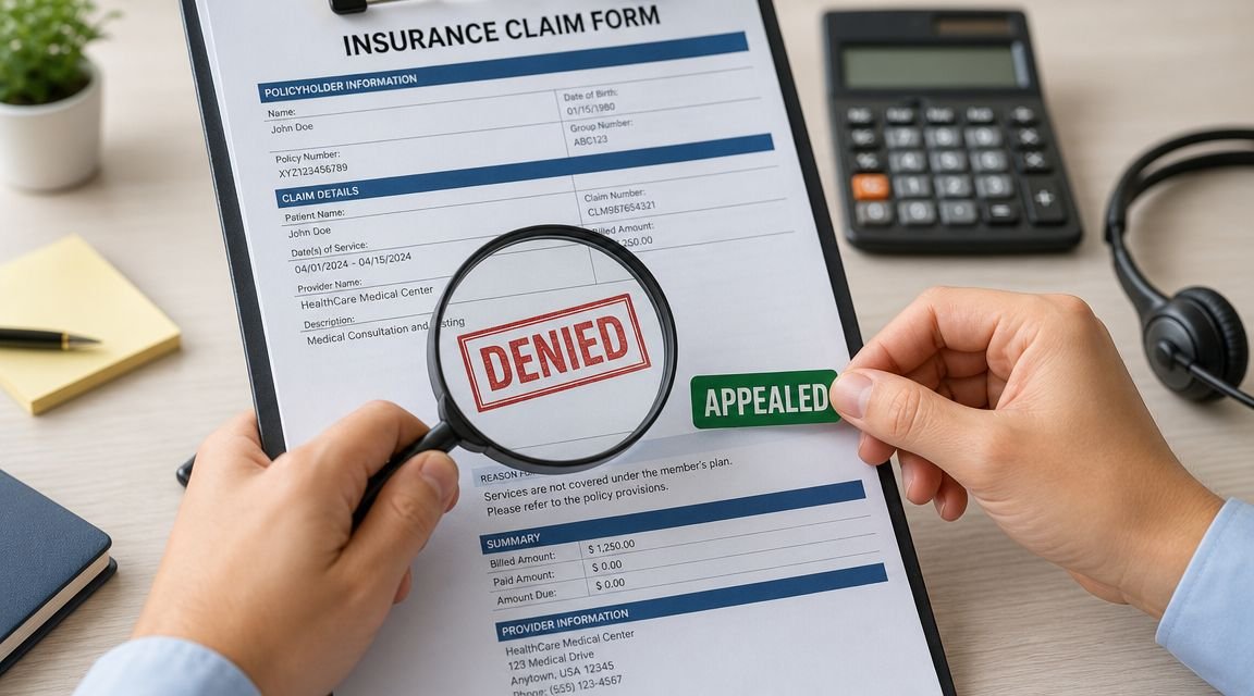 A person reviews an insurance claim form labeled denied using a magnifying glass and appealing the decision.