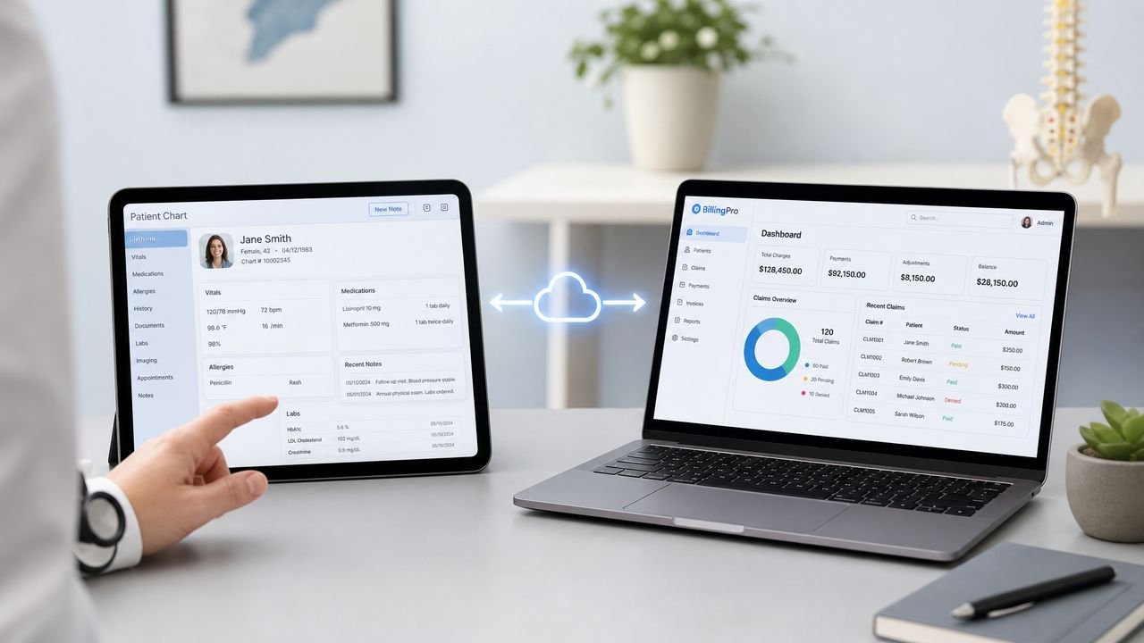 A doctor uses a tablet for patient charts syncing with a laptop for medical billing and practice management.