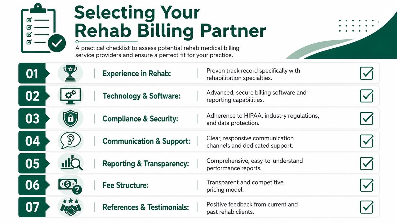 A checklist for selecting a rehabilitation medical billing service provider, including seven key assessment criteria.