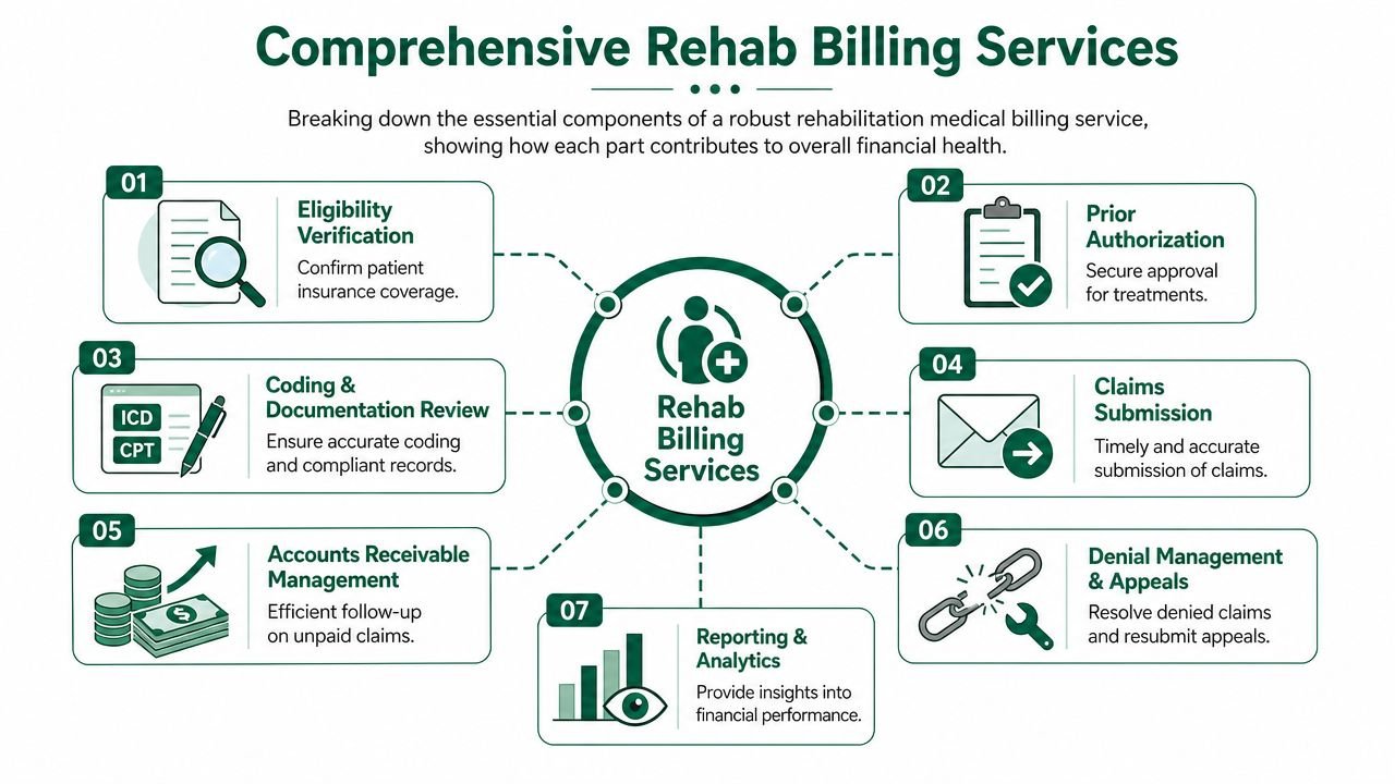 A comprehensive infographic illustrating the essential seven steps of medical billing services for rehabilitation healthcare providers.
