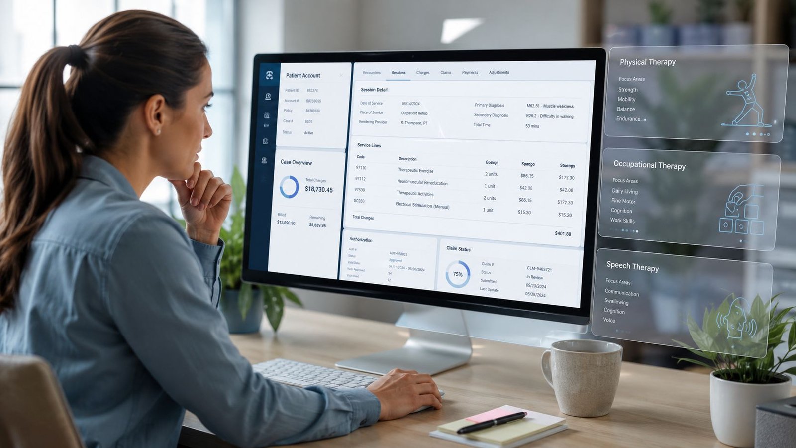 A healthcare professional analyzing patient rehab billing records and therapy session data on a digital computer screen.