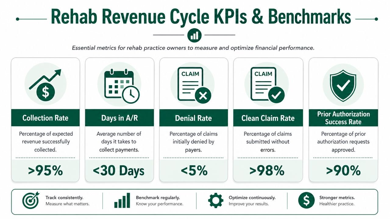 A professional infographic showing essential revenue cycle KPIs and benchmarks for rehab medical billing practices.