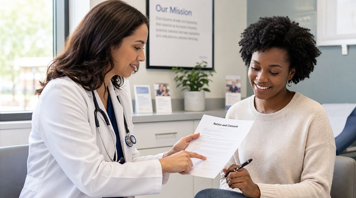 A female doctor pointing to a consent form while a female patient prepares to sign it.